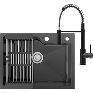 CECIPA 60x45 cm Lavello Nero in Acciaio Inox con Arco Rubinetto Cucina Molla, Lavandino Cucina 1 Vasca per Mobile da 60cm