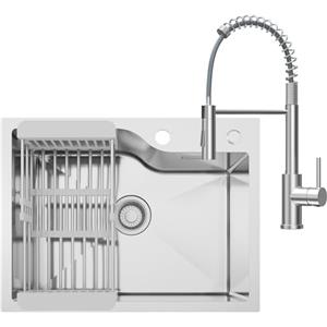 CECIPA 60x45 cm Lavello con Arco Rubinetto Cucina Molla, Lavandino Cucina 1 Vasca in Acciaio Inox per Mobile da 60cm