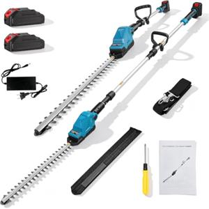 BORDRISE Tagliasiepi telescopico a batteria con 2 batterie da 2,0 Ah e caricabatterie rapido, 550 W, 22000 giri/min, doppia lama da 16, testa regolabile a 90°, manico lungo 2,80 m, tagliasiepi per la cura