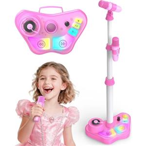Dislocati Microfono Karaoke per Bambini con Supporto, 2 Microfoni Wireless, Luci Colorate, Regalo per Bambini 3 4 5 6 7 8 Anni, Altezza Regolabile 47-108 cm, Bluetooth, USB, AUX, TF Card