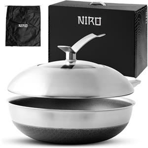 NIRO Wok Antiaderente Triplo Strato (Acciaio Inox + Alluminio) Ø26cm, COPERCHIO INCLUSO, Antigraffio, NO PFOA, Per Piano Cottura Induzione, Ceramica, Elettrico, Gas, Forno, Manico Anti Scottatura