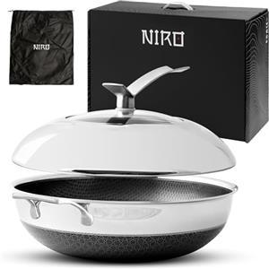 NIRO Wok Antiaderente Triplo Strato (Acciaio Inox + Alluminio) Ø36cm, COPERCHIO INCLUSO, Antigraffio, NO PFOA, Per Piano Cottura Induzione, Ceramica, Elettrico, Gas, Forno, Manico Anti Scottatura