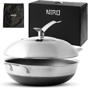 NIRO Wok Antiaderente Triplo Strato (Acciaio Inox + Alluminio) Ø32cm, COPERCHIO INCLUSO, Antigraffio, NO PFOA, Per Piano Cottura Induzione, Ceramica, Elettrico, Gas, Forno, Manico Anti Scottatura