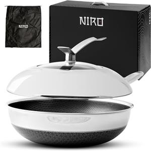 NIRO Wok Antiaderente Triplo Strato (Acciaio Inox + Alluminio) Ø28cm, COPERCHIO INCLUSO, Antigraffio, NO PFOA, Per Piano Cottura Induzione, Ceramica, Elettrico, Gas, Forno, Manico Anti Scottatura