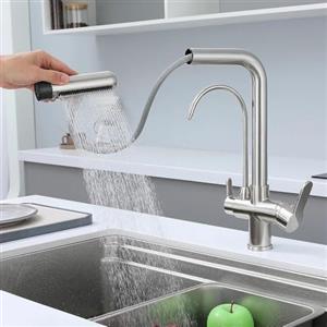SJQKA Rubinetto Cucina 3 Vie Spazzolato con Doccetta Estraibile, girevole 360°, canali separati, doppia leva, compatibile depuratore/RO sottolavello, miscelatore lavello per acqua potabile e calda/fredda