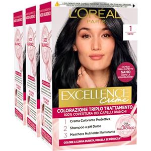 L'Oreal Paris L'Oréal Paris Tinta Permanente Excellence Creme 1 Nero Colorazione Triplo Trattamento Copre 100% dei Capelli Bianchi Lunga Durata con Acido Ialuronico - 3 Tinte