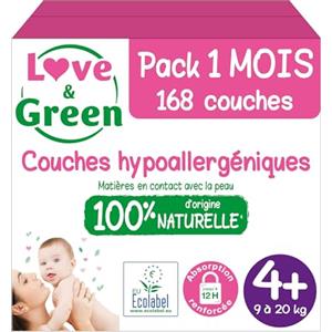 Love & Green - Pannolini per neonati sani ed ecologici - Taglia 4+ (9-20 kg) - Confezione da 1 mese (168 strati) - Assorbente, anti-perdite e senza ingredienti indesiderati