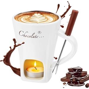 Wvu & Wvo Set di fonduta al cioccolato in ceramica, 200 ml, tazza per sciogliere il cioccolato, set per fonduta con forchetta e tealight per formaggio, cioccolato e burro caramello