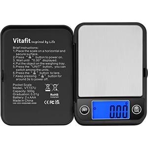 Vitafit Tascabile Digitale 500g/0,01g con Tara e Calibrazione Alimenti Pesa Bilance, Mini Bilancia di Precisione Digitale per Cucina Gioielli Oro Bilancia, 11x8.2cm, Nera