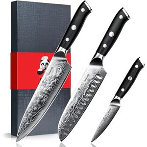 SHAN ZU Set Coltelli Damasco 3 Pezzi, Giapponesi Coltelli da Cucina 67 Strati in Super Acciaio Damasco, Set Coltello da Chef Ultra Affilati Professionali ad Alto Tenore di Carbonio con Manico G10