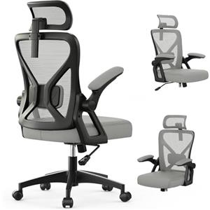 YONISEE Sedia da Ufficio, Sedia Ergonomica da Scrivania con Supporto Lombare Imbottito e Braccioli Ribaltabili - Sedia da Computer con Schienale alto e Poggiatesta Regolabile per Lavoro/Studio (Grigio Chiaro)