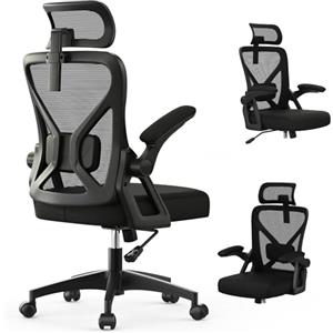 YONISEE Sedia da Ufficio, Sedia Ergonomica da Scrivania con Supporto Lombare Imbottito e Braccioli Ribaltabili - Sedia da Computer con Schienale alto e Poggiatesta Regolabile per Lavoro/Studio (Nero)