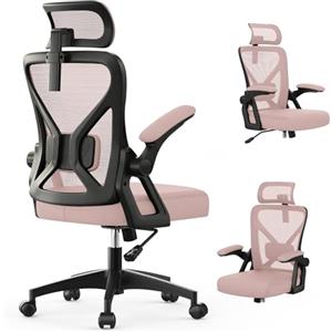 YONISEE Sedia da Ufficio, Sedia Ergonomica da Scrivania con Supporto Lombare Imbottito e Braccioli Ribaltabili - Sedia da Computer con Schienale alto e Poggiatesta Regolabile per Lavoro/Studio (Rosa)