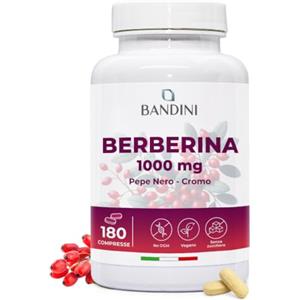 Bandini® Berberina 1000mg pura alto dosaggio | 180 compresse vegane - Berberin HCl da Berberis Aristata al 97% + Cromo e Pepe Nero | Massimo assorbimento - Funzione digestiva, epatica, intestinale