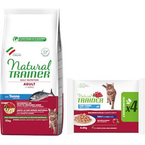 Natural Trainer 10 kg Natural Trainer Adult Crocchette per gatti + 4 x 85 g Alimento umido gratis! - 10 kg Adult con Tonno + 4 x 85 g Adult con Tonno