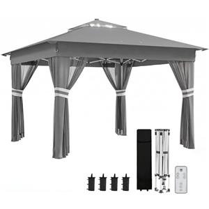 Outsunny Gazebo da Giardino Pop-up con Luci LED a Energia Solare, Gazebo Pieghevole ad Altezza Regolabile in Tessuto Oxford e Acciaio, 336x336x250-270 cm, Grigio
