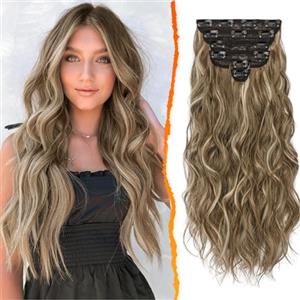 BARSDAR Clip in Extension Capelli, 6PCS Lunga Ondulati Riflessi Balayage Posticci Clip in 50cm Naturale Finta Sintetici Posticci Capelli Extension per Donna (Cenere Marrone & Biondo)