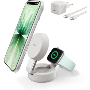 Belkin UltraCharge Pro Caricatore Wireless Magnetico Convertibile 2 in 1 MagSafe Qi2.2 25W, Stazione di Ricarica per iPhone 17, Apple Watch Series 10, Pixelsnap, (Alimentatore 45W Incluso), Sabbia