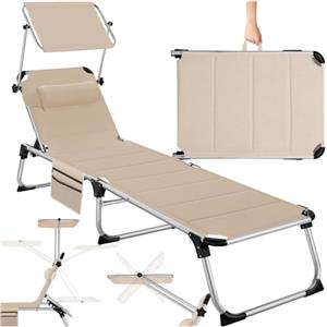 tectake® Sdraio da Mare, Sdraio da Spiaggia Pieghevole con Parasole, Sdraio da Giardino con Schienale Regolabile in 6 Posizioni, Cuscino Poggiatesta Removibile e Tasca Laterale - Beige