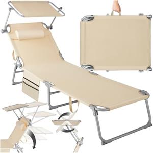 tectake® Sdraio Pieghevole, 4 Posizioni, Cuscino Poggiatesta, Idrorepellente, aio da Giardino, Lettino Prendisole, Arredo Giardino, Terrazzo, Sdraia da Balcone, Piscina e Spiaggia - Beige
