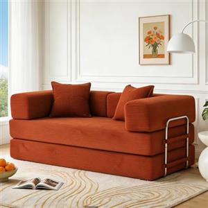 Vipbear Divano letto matrimoniale disossato, 160 cm, in velluto a coste, pieghevole, 5 in 1, con 2 cuscini in memory foam, per piccoli spazi, arancione