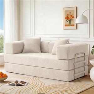 Vipbear Divano letto matrimoniale disossato, 160 cm, divano pieghevole 5 in 1 con 2 cuscini in memory foam per soggiorno, bianco