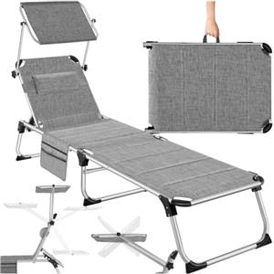 tectake® Sdraio da Mare, Sdraio da Spiaggia Pieghevole con Parasole, Sdraio da Giardino con Schienale Regolabile in 6 Posizioni, Cuscino Poggiatesta Removibile e Tasca Laterale - Grigio Melange