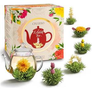 Creano Set Regalo Fiori di Tè - FLOWER DESIGN - Tè Fiorito Raccolta Primaverile con Teiera in Vetro da 500 ml & 6x Tè Bianco - Regalo per San Valentino, Festa della Mamma