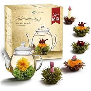 Creano Miscela di Té Fiorito con 6 Varietà di Tè Bianco, Nero, Verde - Set Regalo con Teiera di 500ml in Vetro Confezione Dorata da 7 Pezzi - Regalo Elegante per Donna