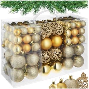 tectake® Set Palline di Natale 100 pz, 3/4/6cm, Set 100 Decorazioni Natalizie, Sfere Natalizie Plastica infrangibile per Albero di Natale, Articoli Natalizi, Addobbi Natalizi Oro, Gancio Dorato - Oro