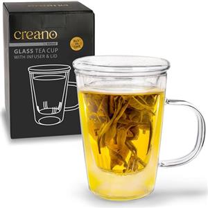 Creano Bicchiere da Tè "Tutto in Uno" da 400 ml, Grande Tazza per Tè Sfuso con Filtro in Vetro e Coperchio in Vetro, Teiera in Attraente Confezione Regalo Trasparente 1 Pezzo (Confezione da 1)