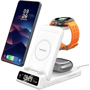 SwanScout 3 in 1 Caricatore Wireless per Samsung S26 Ultra, Stazione di Ricarica per Samsung S26/S25/S24, Base di Ricarica per Galaxy Watch 8/8 Classic/Ultra/7/6, Galaxy Buds 4 Pro, SwanScout 703S (No Adapter)