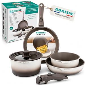 BOREINE Set di Pentole e Padelle 7 Pezzi, Batteria Pentole Antiaderente Senza PFOA e PTFE, Manico Removibile, Compatibile Induzione, Gas, Forno e Tutti i Piani Cottura, Collezione Caffè Latte