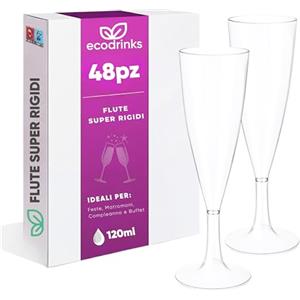 ecodrinks Set 48 Flute Plastica Dura da 120ml, Riutilizzabili, Trasparenti - Calici Infrangibili con Bordo Arrotondato Comfort-Feel - Eleganti Bicchieri per Prosecco, Champagne e Cocktail