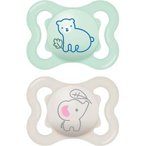 MAM Air Succhietto 2-6 Mesi (Set da 2), Ciuccio MAM 2-6 mesi per pelli sensibili e delicate, Kit da 2 accessori neonato con tettarella in silicone e porta ciuccio sterilizzatore, Verde/Azzurro