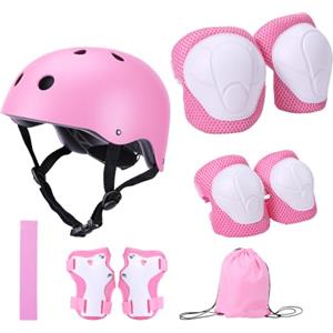 Vexnaro Set Protezioni Bambini con Casco Regolabile, Ginocchiere Gomitiere Polsiere 9 Pezzi con Zaino e Fascia, Kit Protezione per Pattini Skateboard Bicicletta Monopattino Pattinaggio (Rosa)