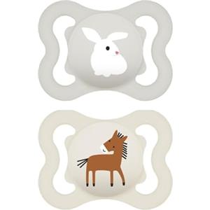MAM Air Succhietto 2-6 Mesi (Set da 2), Ciuccio MAM 2-6 mesi per pelli sensibili e delicate, Kit da 2 accessori neonato con tettarella in silicone e porta ciuccio sterilizzatore, Neutro/Beige