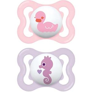 MAM Air Succhietto 2-6 Mesi (Set da 2), Ciuccio MAM 2-6 mesi per pelli sensibili e delicate, Kit da 2 accessori neonato con tettarella in caucciù naturale e porta ciuccio sterilizzatore, Rosa/Neutro