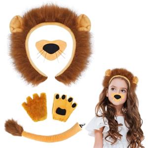 AOOWU 5 Pezzi Costume da Leone, Set di costumi di animali Accessori, Leone Fantasia Accessori, con Coda Naso Orecchie Fascia Guanti, per Bambini e Adulti Costume di Halloween Forniture per Feste