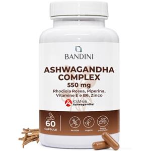Bandini® Ashwagandha Complex KSM-66® Forte con Rhodiola Rosea, Zinco, Vitamina E e B6 - Withania Somnifera ad Alto Dosaggio - 60 Capsule Vegane - Integratore Naturale
