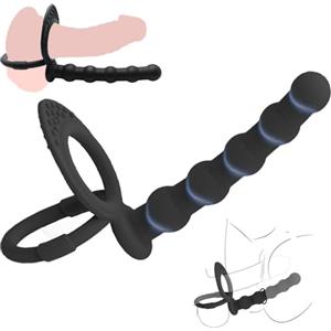 Generic Plug Anale Silicone Nero con Perle Anali e Anello Penile per Stimolazione Doppia Anal/Vaginale Per Coppie