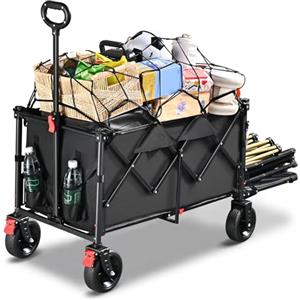 YEAUPE PRO Carrello Spiaggia, Carrello Pieghevole con Ruote - Doppi freni ant., ruote grandi, manico reg., post. aprib. oggetti lunghi - per campeggio/spiaggia, 160-240L, Nero Lucido
