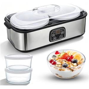 XJJAUGKLY Yogurtiera automatica da 2 l, yogurtiera elettrica con temperatura e timer regolabili, indicatore LED con 2 contenitori in vetro per yogurt biologico, formaggio, natto, vino di riso