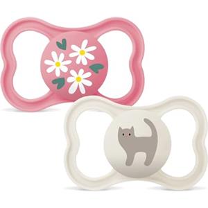 MAM Air Succhietto 6-16 Mesi (Set da 2), Ciuccio MAM 6-16 mesi per pelli sensibili e delicate, Kit da 2 accessori neonato con tettarella in caucciù naturale e porta ciuccio sterilizzatore, Rosa/Neutro