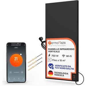 Termoplaza Termoconvettore Elettrico Verticale WiFi Da Parete 18 m² - 750 Watt Stufetta Elettrica Basso Consumo - Pannello Radiante Infrarossi - Termosifone Moderno per Casa e Ufficio