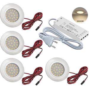 JungesLicht - 4 faretti LED da incasso per mobili - per fori da 55 - 60 mm, ultra piatti (10 mm), 2 Watt, 12 V, 200 lumen, bianco caldo 3000 K, con trasformatore e cavo di collegamento, facile da