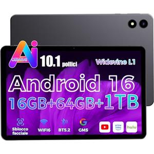 RebotAi 2026 ultimo Tablet 10 pollici Android 16, Gemini Al, 16GB RAM+64GB ROM+1TB TF,GMS,Widevine L1,5G wi-Fi6 Bluetooth 5.2, SottileLeggero,Mirroring Dello SchermoWireless