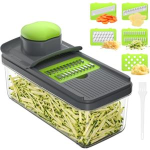 Vihoom Mandolina per Verdure, Affetta Taglia Verdure Manuale, Mandolina Affettatrice Professionale con 5 Lame Intercambiabili per Cipolla Cetriolo Zucchine Carote（Verde）