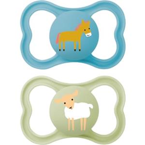 MAM Air Succhietto 6-16 Mesi (Set da 2), Ciuccio MAM 6-16 mesi per pelli sensibili e delicate, Kit 2 accessori neonato con tettarella in caucciù naturale e porta ciuccio sterilizzatore, Azzurro/Verde