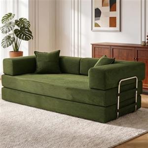 Vipbear Divano disossato, divano a 3 posti in velluto a coste 200 cm, letto pieghevole 5 in 1 convertibile con 2 cuscini in memory foam per camera da letto, verde